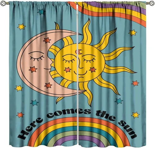 Vista 53 de Cortinas opacas con diseño de sol y luna, cuerpos celestes bohemios, con diseño de sol, luna y estrellas, para sala de estar, dormitorio, 42 x 45