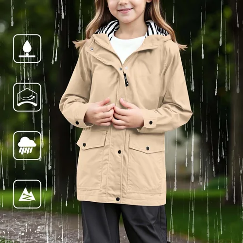 Vista 4 de Moonker Chaqueta impermeable ligera para niños y niñas, rompevientos con capucha, chaqueta impermeable Softshell para otoño para la escuela beige-b