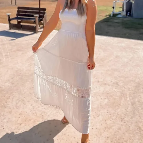 Vista 2 de NaRHbrg Vestidos de verano para mujer 2024, vestido sin tirantes, bohemio, fluido, vestido largo con parte superior de tubo, hombros descubiertos