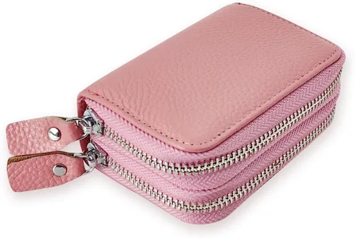 Vista 2 de Cartera de cuero para mujer, con doble tarjeta, tarjetero con cremallera, múltiples compartimentos, bloqueo RFID C-W-1, Rosado, Talla única