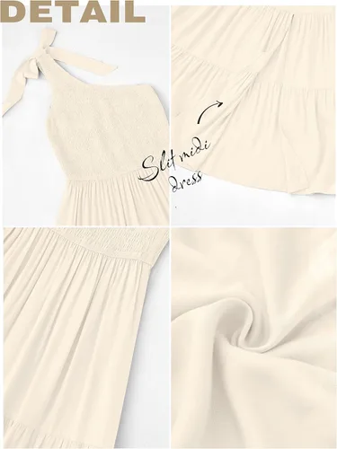 Vista 5 de MEROKEETY - Vestido de verano para mujer, sin mangas, por debajo de la rodilla, fruncido, escalonado, fluido, con un hombro, nudo y abertura