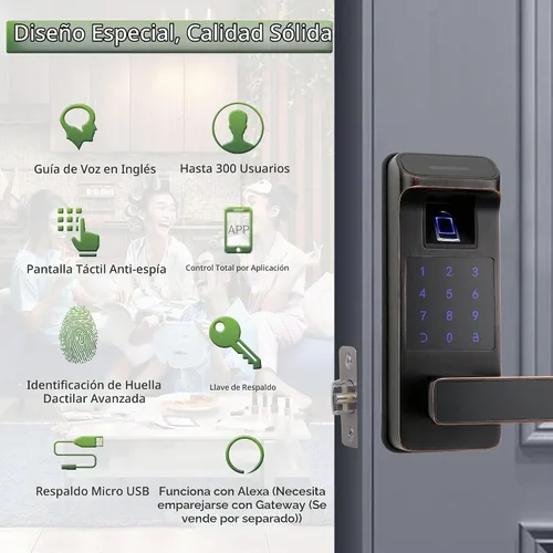 Vista 2 de Cerradura inteligente para puerta, resistente 5 en 1, cerradura de puerta de entrada sin llave, bloqueo de teclado digital con control completo