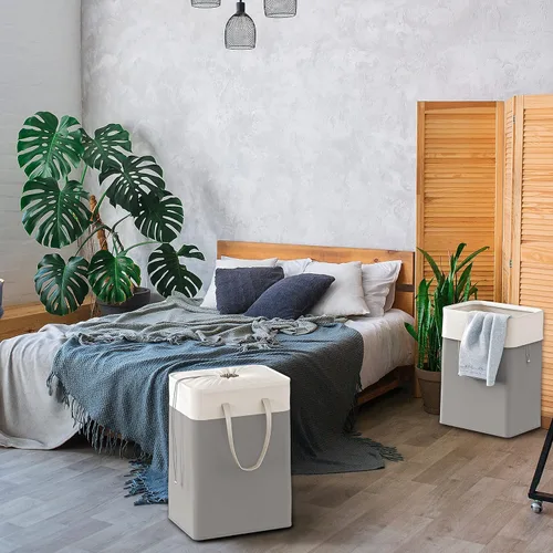 Vista 7 de Simple Houseware Cesta plegable para ropa sucia de 75 L, cesta rectangular de algodón con cierre de cordón y asas, color gris