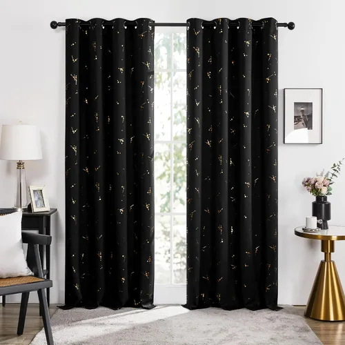 Vista 2 de Deconovo - Cortinas blackout con patrón de constelación, estampado metálico, ojales y bloqueo de luz para ventana de sala, 2 paneles