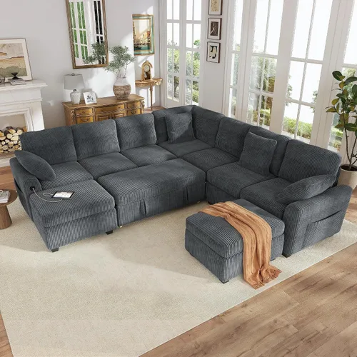Vista 32 de Hanherry - Sofá seccional con sofá cama extraíble, sofá cama de chenilla con 2 asientos de almacenamiento y carga USB, cómodos sofás modulares