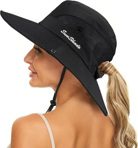 Vista 10 de Sombrero de sol de verano para mujer, cola de caballo, protección UV, ala ancha, plegable, sombrero Beige