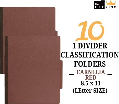 Vista 2 de The File King Carpeta de archivos de clasificación de cartón prensado rojo ladrillo One Divider, tamaño carta, caja de 10, pestaña superior