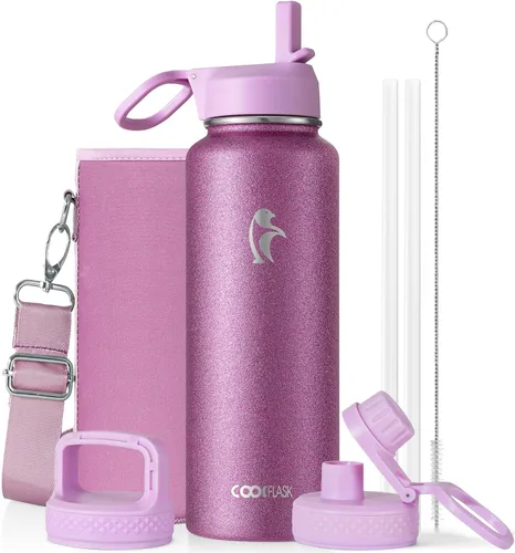 Vista 13 de Coolflask Botella de agua de 24 onzas aislada con pajilla, 3 tapas de metal de acero inoxidable, botella de agua de boca ancha para deportes u
