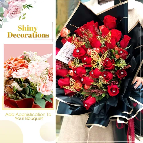 Vista 5 de Outus 60 hojas de papel de regalo para ramo de flores, para el Día de la Madre, impermeable, con 60 mariposas 3D, 100 alfileres de flores, 2 rollos