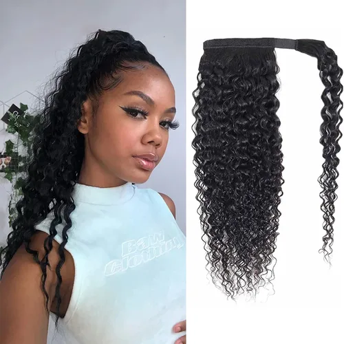 Vista 25 de Cola de Caballo de Cabello Humano Corto Rizado Crespo Envolvente con Clips Extensiones de Cola de Caballo de Pasta Mágica 120g/juego Pieza