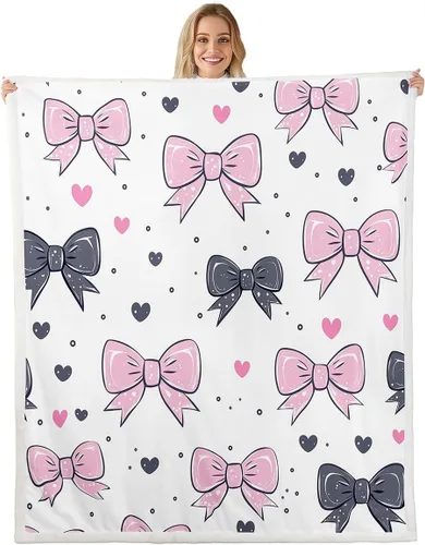 Vista 36 de Manta de franela de forro polar con lazos rosados femeninos de 40 x 50 pulgadas, manta mullida de corazones para el día de San Valentín para sofá