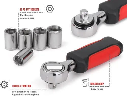 Vista 4 de Apollo Tools - Juego de llaves métricas de 13 piezas de ¼ de pulgada, incluye mango de trinquete de interruptor de retroceso fácil de 1/4 pulgadas