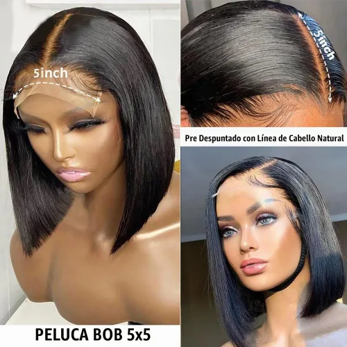 Vista 3 de Karlami Peluca de cabello humano Bob de 8 pulgadas, sin pegamento, 5 x 5 HD, con cierre de encaje, pelucas de cabello humano prearrancadas HD