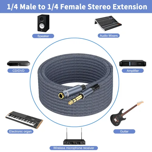 Vista 4 de Cable de extensión de 1/4 pulgada 1.5 pies, cable de extensión de auriculares y guitarra estéreo macho a hembra de 1/4