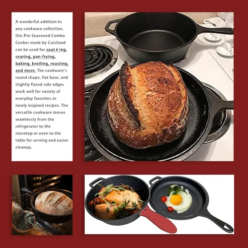 Vista 6 de Cuisiland Juego de 3 piezas de cocina combinada de hierro fundido, wok de 3.2 cuartos y sartén de 10 pulgadas con mango de silicona