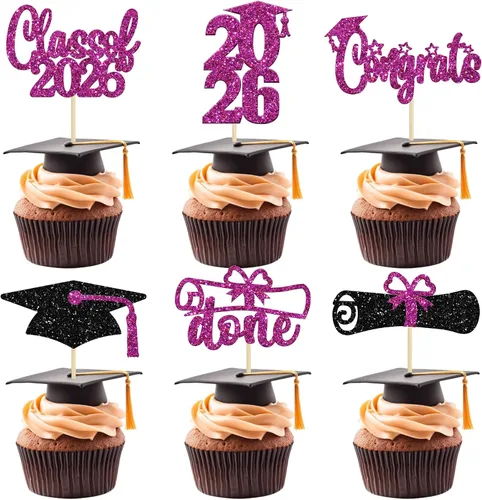 Vista 31 de Paquete de 24 adornos para cupcakes de clase 2026 con purpurina 2026 Felicidades Graduación Diploma Done Cupcake Picks 2026 Graduación Temática