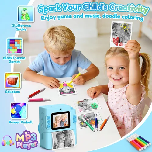 Vista 6 de Cámara para niños Impresión instantánea: Juguetes para niños y niñas, cámara digital que imprime fotos, regalo de cumpleaños de doble lente