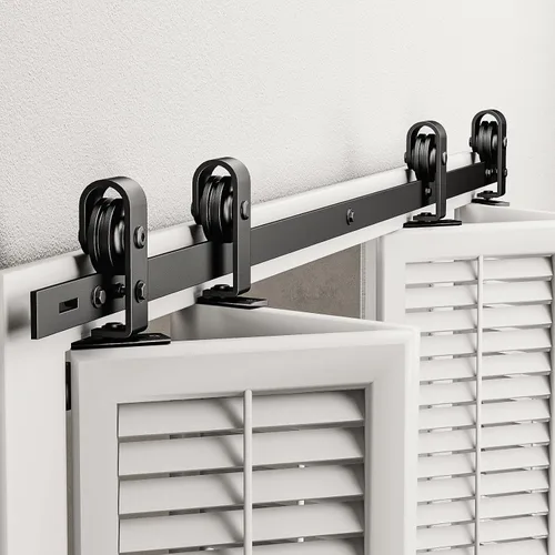 Vista 8 de Kit de herrajes para puerta de granero plegable de 52 pulgadas para 2 puertas, rodillo resistente montado en riel negro y en la parte superior, kit
