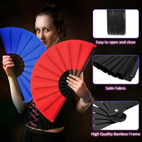 Vista 4 de Qunclay Paquete de 4 abanicos plegables grandes para rave de mano para baile de línea, fanáticos chinos, japoneses, para fiestas de festivales
