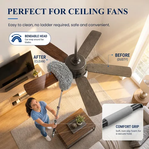 Vista 10 de IDEATECH Kit de plumero de telaraña con poste de extensión, plumero de ventilador de techo alto de 110 pulgadas, cepillo de tela de araña con poste