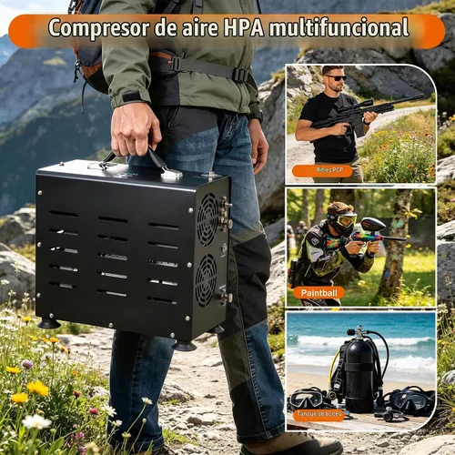 Vista 5 de TUXING Compresor de aire PCP de 4500 PSI Compresor de tanque de buceo de doble cilindro de 800 W Sistema de enfriamiento de ventilador integrado