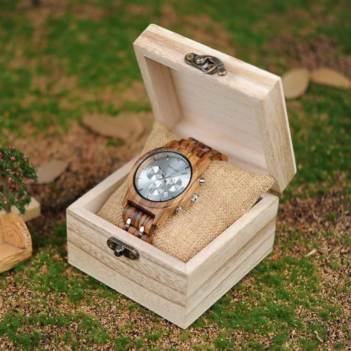 Vista 2 de BOBO BIRD Relojes de madera para hombre, correa de metal de madera de lujo, cronógrafo y visualización de fecha, reloj de cuarzo versátil