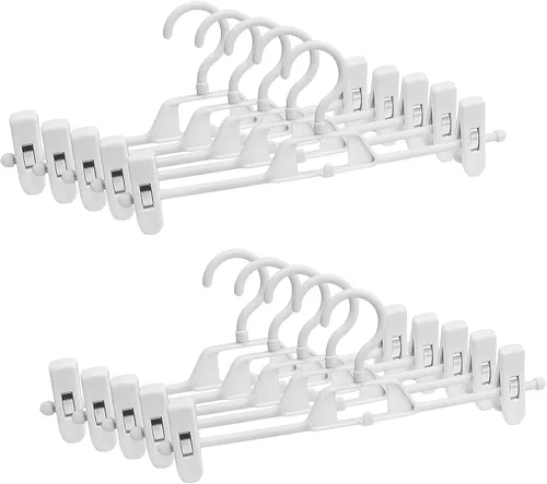 Vista 10 de Paquete de 10 perchas de plástico para pantalones con clips, colgador de faldas que ahorran espacio con clips giratorios y ajustables de 360°