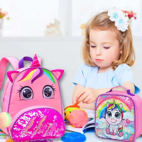 Vista 8 de Mochila de unicornio para niñas bonita mochila preescolar y lonchera para niños pequeños bonita mochila escolar de lentejuelas para niños pequeños