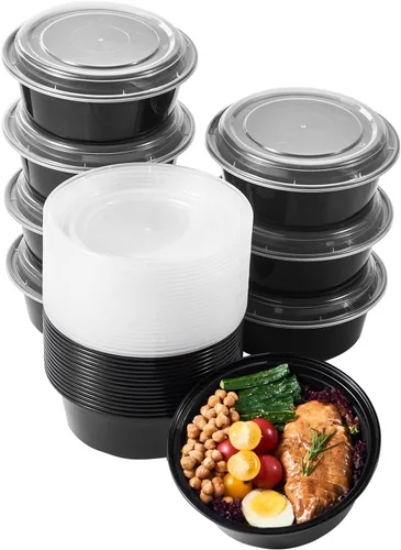 Vista 11 de Envases de almacenamiento de comida para preparar comidas, 50 unidades, 24 onzas, redondos, con tapas, para llevar, caja de plan de almuerzo