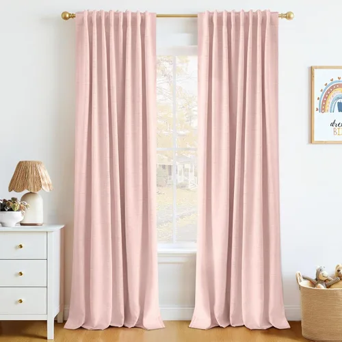 Vista 26 de INOVADAY Cortinas 100% opacas de 63 pulgadas de largo, juego de 2 paneles de lino con pestaña trasera, bolsillo para barra, cortinas opacas