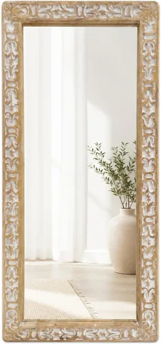 Vista 18 de Espejo de pared, espejo de tocador con marco de madera maciza, espejo de pared decorativo de granja para baño, dormitorio, sala de estar y entrada