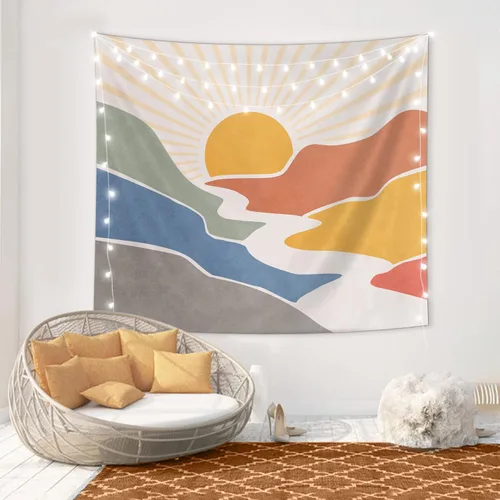 Vista 4 de SUOTEMEIFEI Tapiz bohemio de sol de montaña, arte simple, diseño de amanecer, naturaleza, puesta de sol, paisaje, abstracto, estético, decoración