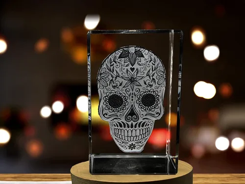 Vista 3 de Calavera mexicana grabada en 3D decoración de cristal (XL (4 x 6 x 3 pulgadas)