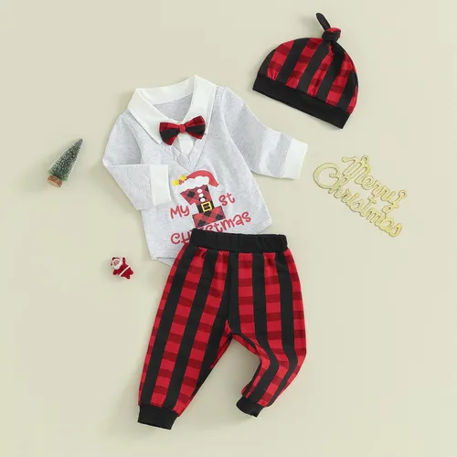 Vista 3 de My First Christmas - Conjunto de mameluco para bebé recién nacido, caballero, mameluco, pantalones a cuadros, ropa de Navidad, My First Christmas
