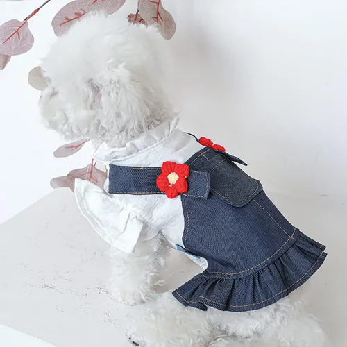Vista 4 de Ropa de perro para perros pequeños y niña, lindos vestidos de mezclilla para mascotas, vestido de princesa con lazo para cachorro, ropa de princesa