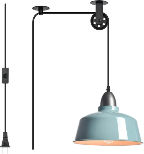 Vista 12 de Lámpara Colgante Enchufable, Luces Colgantes de Granja Verdes con Cable Enchufable, Lámpara Colgante de Polea, Accesorio de Luces Colgantes