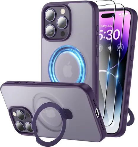 Vista 16 de Funda magnética para iPhone 15 con soporte, soporte de anillo invisible con protector de pantalla compatible con MagSafe Slim esmerilado mate, funda