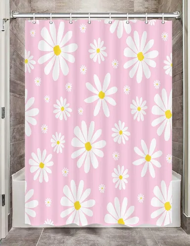 Vista 14 de Cortina de ducha con diseño floral de margaritas azules para caravana, remolque, baño, lindo juego de cortinas de ducha de tela estrecha y corta