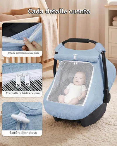 Vista 4 de Rquite Funda de asiento de automóvil para bebé, niña, niño, 100% muselina de algodón, toldo transpirable a prueba de viento con ventana de malla