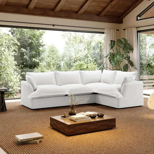 Vista 15 de Sofá modular de mezcla de lino para sala de estar, cómodo sofá modular con relleno de plumón, moderno sofá cama convertible con asiento profundo