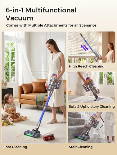 Vista 7 de Cordless Stick Vacuum Cleaner, 600W 55Kpa 70Mins for Home, Pet Hair, Carpet Blue