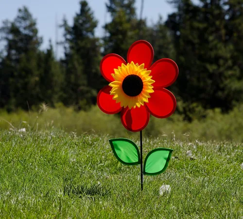Vista 2 de Molinete con hojas de girasol púrpura "En la Briza" de 19 pulgadas. Incluye estaca para el suelo. Colorida flor para tu patio y jardín, 12", Rojo