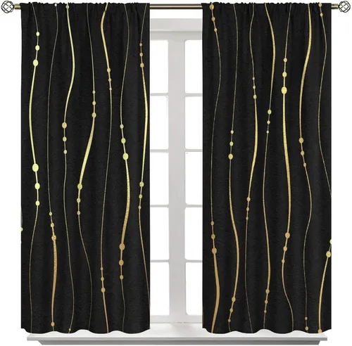 Vista 26 de Cortinas Negras con Dobladillo Dorado, Cortinas Opacas con Bolsillo para Barra con Estampado de Rayas de Foil en Onda Dorada para Decoración de Negro