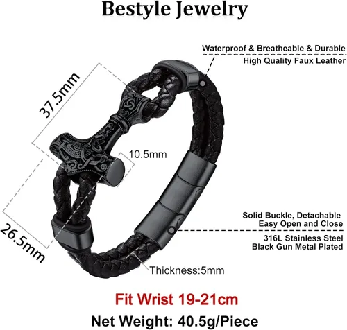 Vista 6 de Bestyle Pulseras vikingas trenzadas de cuero genuino para hombres y niños, estilo vintage, martillo de Thor, calavera, masón masónico, pulseras