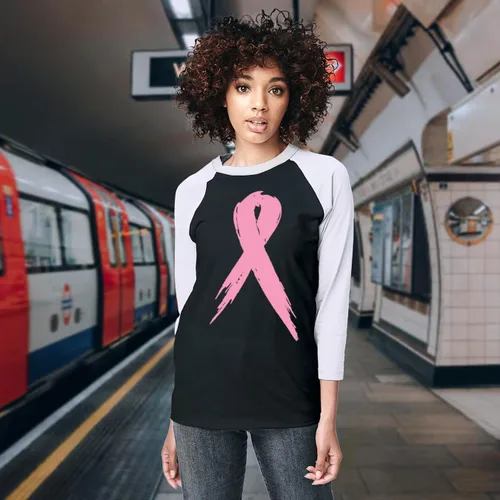 Vista 2 de shop4ever Camiseta de béisbol raglán rosa de concientización sobre el cáncer de mama Negro/Blanco