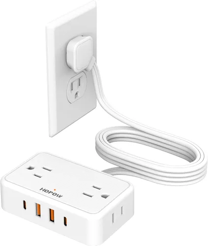 Vista 15 de HOPOW - Cable de extensión de enchufe plano, 4AC y 2A2C, regleta de alimentación de 6 pies para viajes Extension Cord with Multiple Outlets