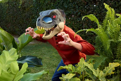 Vista 2 de Mattel Jurassic World Rebirth T-Rex Rage N Roar Máscara con ojos LED que se iluminan, acción de parpadeo con efecto de agresión de 3 niveles