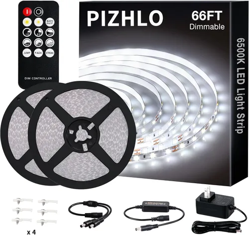 Vista 9 de Tira de luces LED blancas, tira de luz regulable mejorada de 16.4 pies con control remoto de luz blanca brillante de 6500 K, 300 luces LED flexibles