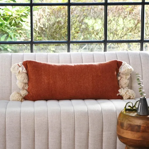 Vista 3 de Main + Mesa Almohada lumbar de chenilla de algodón de gran tamaño con borlas