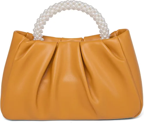 Vista 15 de Beatfull Bolso de noche para mujer, bolso de mano pequeño con perlas de cuero suave, bolso fruncido para boda, novia, fiesta, baile de graduación